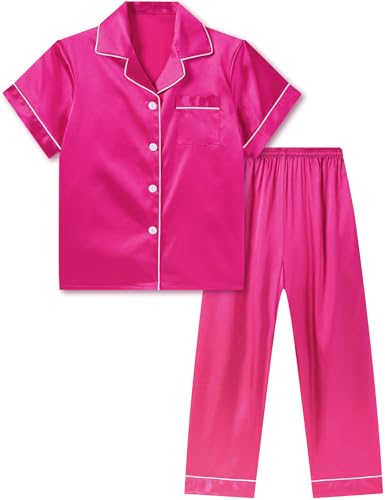 DIPUG Girls Satin Pajamas Set with Pockets Soft Sleepwear Girl Pjs Silky Button Down PJ
