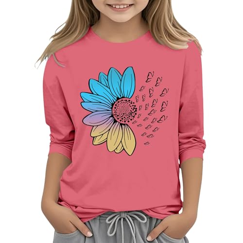 Girls' 3/4 Sleeve T Shirts Summer Cute Crewneck Basic Tees Sunflower Gradient Pattern Casual Tops for Toddler Girls
