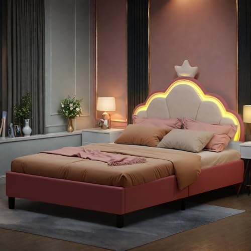 Cama infantil de 140 x 200 cm, cama acolchada con iluminación LED y cabecero en forma de corona, cama doble con somier de láminas, cama de princesa, cama adolescente de terciopelo (140 x 200 cm)