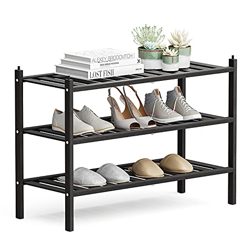 Shoe Rack, 3-Tier Bamboo Stackable Shelf Storage Organizer, Stand for Closet, Entryway, Hallway, Bathroom and Living Room(Black)