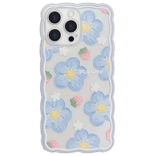 GUSDBSW Compatible with iPhone 12 Pro Case Cute for Women Girls, Fashion Wave Grip Design & Aesthetic Curly Pattern, Clear Soft TPU Phone Case - Blueberry Flower
