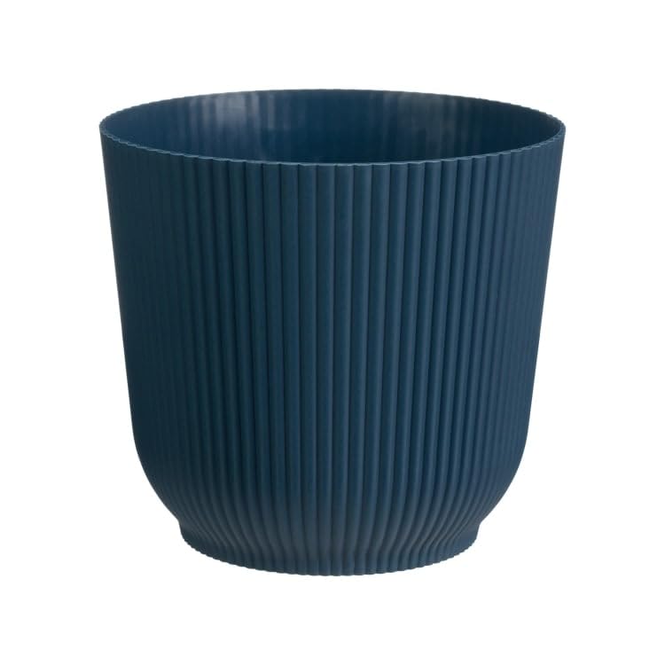 Modern Ribbed Plastic Plant Pot 22cm – Stylish Contemporary Indoor & Outdoor Planter, Decorative Ribbed Design Flower Pot, Durable Lightweight Garden Pot Indoor Outdoor Decor-A93 (Navy)