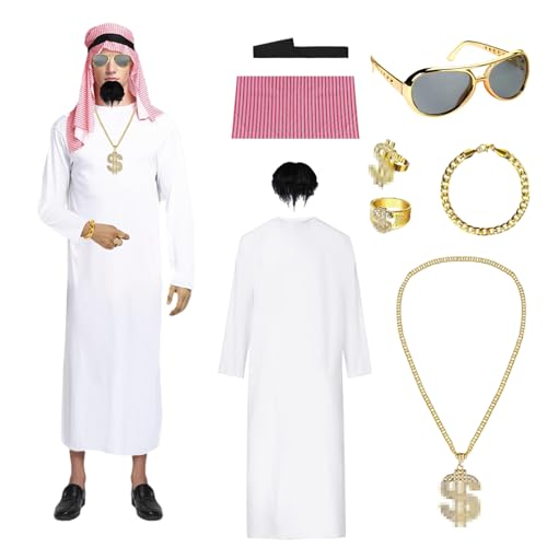 XILEPINGAN Disfarce de xeque árabe para homem, árabe costume homem, conjunto de disfarce árabe completo com acessórios, ideal para carnaval, festa teemática, Halloween e teatro (XL)