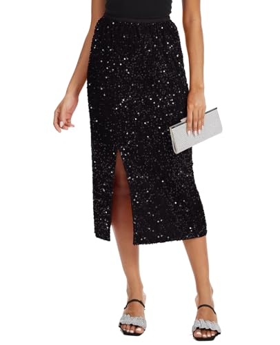Women's Sequin Velvet Midi Skirt Elastic High Waist Night Out Split Hem Party Skirts