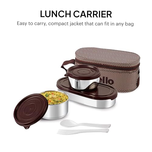Image of CELLO Bite Buddy Deluxe Set of 3 Pcs Stainless Steel Lunch Box with Bag for Daily Office Use Brown | 2x300ml Round Steel Container, 1x500ml Oval Container, Fork & Spoon Spillproof Airtight Tiffin Box