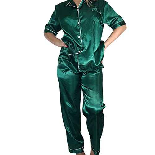 Satin Silk Pajamas Woman, Short Sleeve Pjm Satin Silk Set, Two Piece Pajama Set,That Girl Aesthetics, Two Piece Nightwear (As1, Alpha, L, Regular, Regular, Green) #TOP3