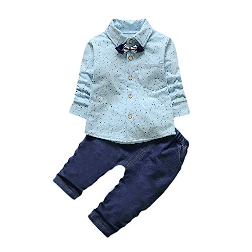 Tute Neonato 0-3 3-6 6-9 12 Mesi Bimbo 24 Mesi Abbigliamento 0 24 Mesi Tuta Completino Bambina Bambino Onda DOT Bow Gentleman Top + Jeans Pantaloni da Cowboy Set Tops Pantaloncini Due Pezzi Set
