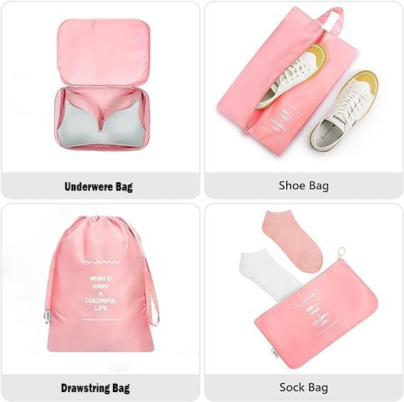 Image of QONETIC 7pcs Set Travel Organizer Packing Cubes Lightweight Travel Luggage Organizers with Laundry Bag or Toiletry Bag Laundry Organiser, Pink