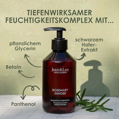 Jean & Len Feuchtigkeit Shampoo Rosemary & Ginger, für trockenes und sprödes Haar, mit Feuchtigkeitskomplex, würzig-frischer Duft von Rosmarin & Ingwer, ohne Parabene und Silikone, 300 ml – Bild 4