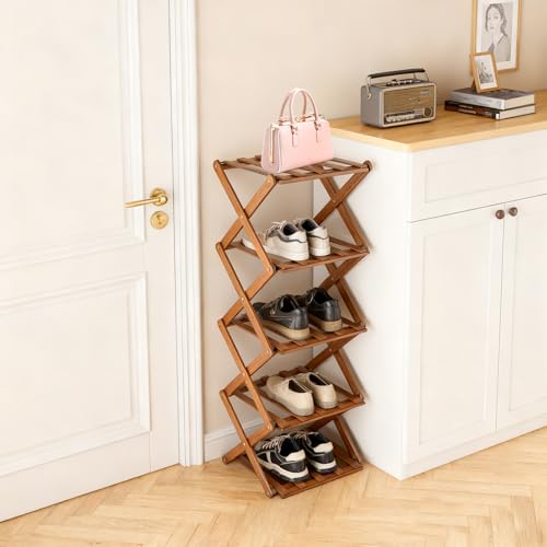 DAJAVE Étagère à Chaussures en Bambou - Étagère à Chaussures étroite à 5 Niveaux - Étagère à Chaussures Verticale - Petite étagère à Chaussures...