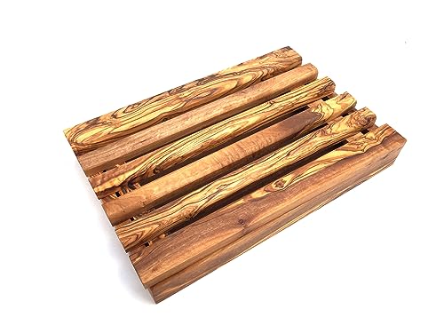 Tabla para cortar pan con bandeja para migas, rectangular, 30 cm, de madera de olivo, hecha a mano, regalo