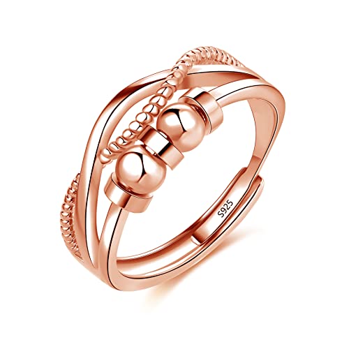 Loutade Anillos de plata de ley 925, anillos de plata para la ansiedad, anillos de plata para mujeres con cuentas, Oro rosa Platino Plata, Sin piedras preciosas