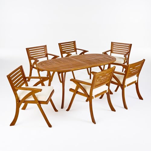 Christopher Knight Home Outdoor 6 Seater Acacia Wood Oval Dining Set with Cushions, Teak and Cream