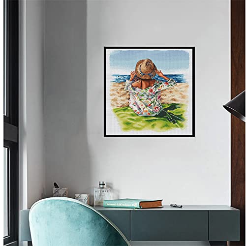 cukol cukol Girl Sit Beach Cross Stitch Kits for Adults Easy Counted Pre Printed Stamped Cross Stitch Kits for Adults Beginners UK 11ct 11 Count Modern Advanced Embroidery Crossstitch Set 46x51 cm - Image 2