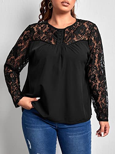 top feminino tamanho grande Mais Blusas Renda de contraste Detalhe do botão (Color : Preto, Size : 4