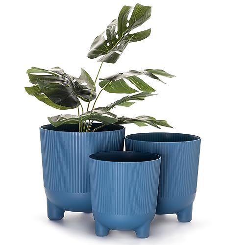 Home Garden Ornaments Trio Plant Pots Indoor Set of 3 Sizes 14/16/18cm of Navy Blue Colour - Striped Plant Pot with Legs - Decorative Flower Pot – Durable Flower Pots Outside (Navy Blue)