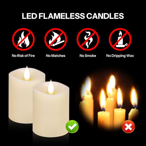 Image of 3x4 Flickering Flameless Candles Set of 2,Real Wax LED Battery Candles,with Timer,4 inch Flameless Candles with Remote,Battery Operated Candles,for Wedding Holiday Home Decor,Ivory