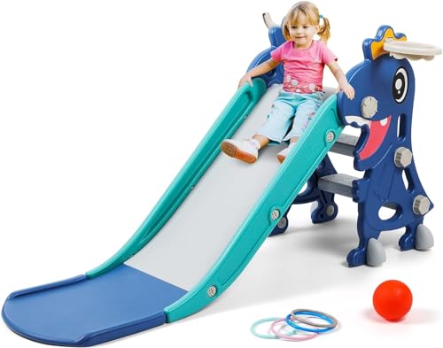 Cenxi Indoor Slide For Toddlers 1-3 Foldable Kids Toddler Playset And Outdoor Playground Climber Playset With Basketball Hoop Ring Toss (Blue)