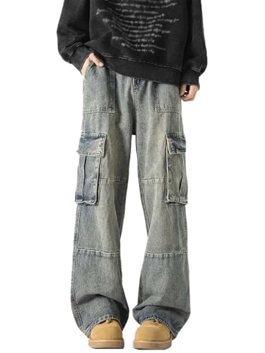 Men's Baggy Cargo Jeans Straight-Leg Wide-Leg Pants Y2k Street Style Hip-hop Low Rise Multi-Pocket Distressed Pants
