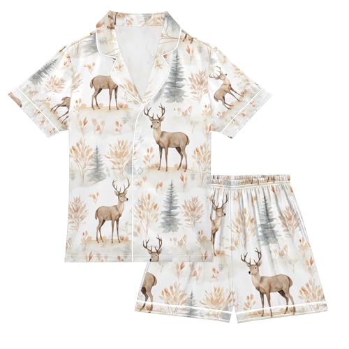 senya Deers Painting Satin Summer Pajama Sets Silk Short Sleeve Button Down Sleepwear
