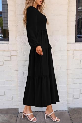 Image of PRETTYGARDEN Fall Dresses for Women 2025 Casual Long Sleeve V Neck Smocked A Line Long Flowy Wedding Guest Dress