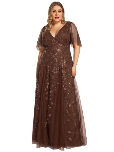 Image of Ever-Pretty Women's Sequin V Neck Plus Size Formal Dresses Evening Gown | Short Sleeve, A-Line, Empire Waist, Plus Size Mother of the Bride Dresses, Plus Size Gala Dress