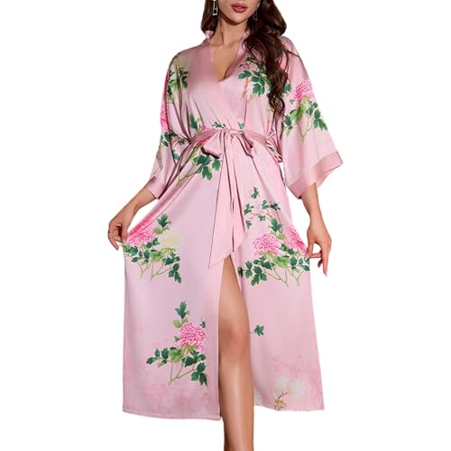 Robe de chambre en satin fluide avec manches 3/4 et imprimé floral
