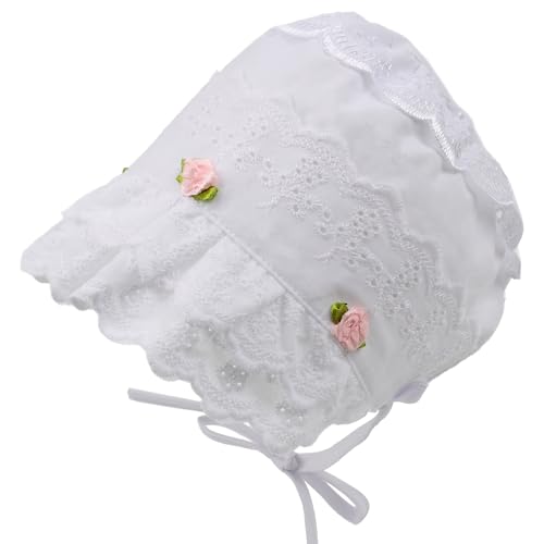 HOOLCHEAN Baby Girls 100% Cotton Bonnet Infant Soft Double Layer Sun Hat Lace Embroidery Floral Cap with Chin Strap S: 0-3 Months White