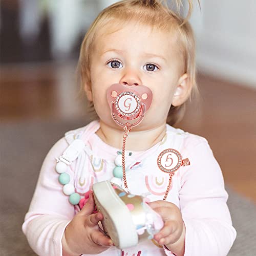 Image of Bling Personalized Pink Baby Pacifier with Pacifier Clips and Anti-dust Cover A-Z 26 Letters(Pink,G)