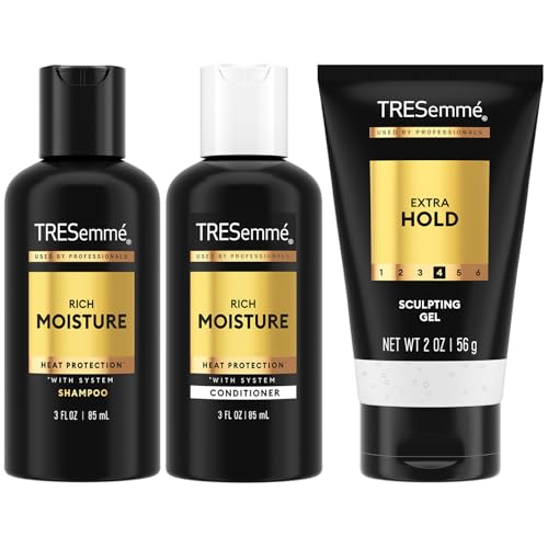 TRESemmé Travel Shampoo, Conditioner & Hair Gel – Rich Moisture Hair Products + Alcohol-Free Styling Gel, 24H Frizz Control (3 Piece Set)