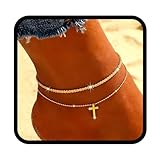 Yalice 14K Gold Ankle Bracelets for Women Layered Anklets 925 Sterling Silver Anklet Set Shiny Waterproof Ankle Chain Cross Beach Foot Jewelry Gifts (Gold-2 Layer Cross)