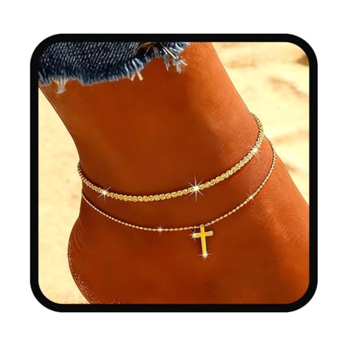 Yalice 14K Gold Ankle Bracelets for Women Layered Anklets 925 Sterling Silver Anklet Set Shiny Waterproof Ankle Chain Cross Beach Foot Jewelry Gifts (Gold-2 Layer Cross)