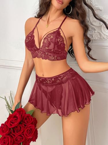 Image of CRIPOM Sexy Lingerie for Women Naughty 3 Piece Lace Bralette, Mini Skirt with G-String Crotchless Lingerie Outfits