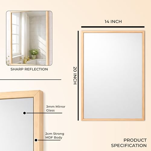 Image of Rousrie Premium Framed Glass Wall Mount Mirror, Decorative, for Bathroom, Bedroom, Living Room and Entryway, Wash Basin (14 by 20 Inch) (Light Brown)