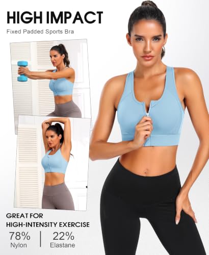 Image of JoyGirl Zip Front Sports Bra Mesh Racerback High Impact Workout Bra | Mesh Racerback, Sewn-in Pads, High Support Gym Yoga Bra, Compression