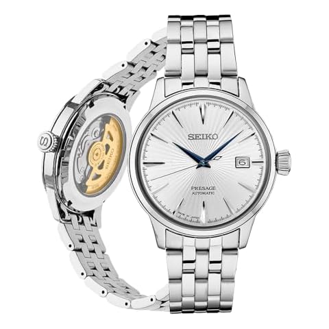 SEIKO SRPB77 Automatic Watch for Men - Presage Cocktail Time - Patterned Silver Dial with Gloss Finish, Date Calendar, 50m Water-Resistant Cover