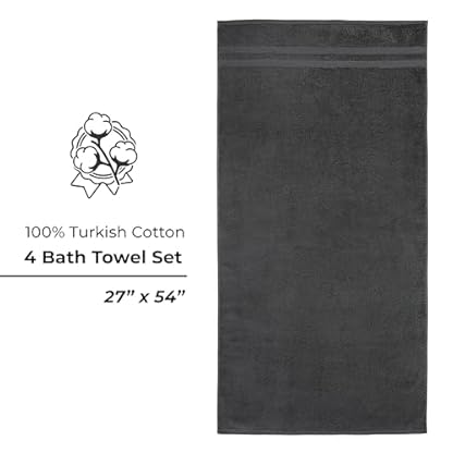 COTTON FINE Badetuch-Set aus 100 % türkischer Baumwolle, fusselfrei, schnell trocknend, solides Handtuch-Set mit 4 Stück, für Badezimmer, 68,6 x 137,2 cm, Ganzkörpergröße, hohe g/m², dunkelgrau – Bild 3