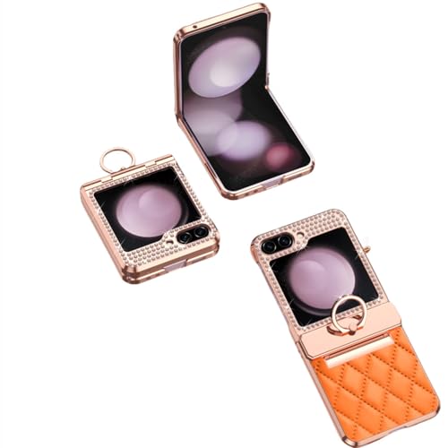 Coque Samsung Z Flip 5 orange en cuir pailleté avec anneau