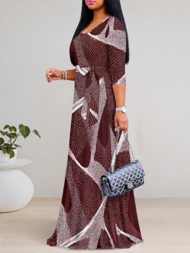 Image of PinkPatty Plus Size Maxi Dress for Women Casual V Neck 3 /4 Sleeve Boho Printed Long Dress with Pockets