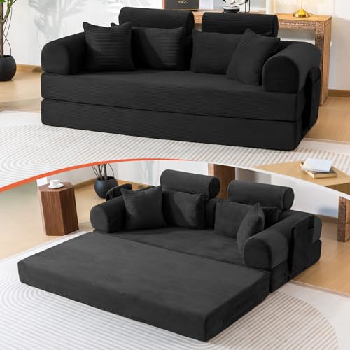 KSTNLUXQ 79" Corduroy Sofa Bed Sleeper Couch, 6-in-1 Convertible Boneless Floor Futon Loveseat, High-Density Foam Couch in a Box with 2 Headrest Pillows, No Assembly, Black