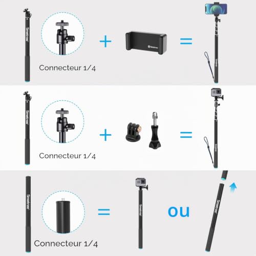 Smatree SmaPole Extensible Selfie Stick, Poteau télescopique pour GoPro Fusion, GoPro Hero 13/12/11/10/9/8/7/6/5/4/3/2/1/Session et DJI Osmo Action 3/2 (Version étendue 43-221cm) – vue 5