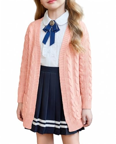 Image of Arshiner Girls Open Front Cardigan Long Sleeve Casual Kids Fall Clothes Solid Thick Chunky Sweater Coat with Pockets