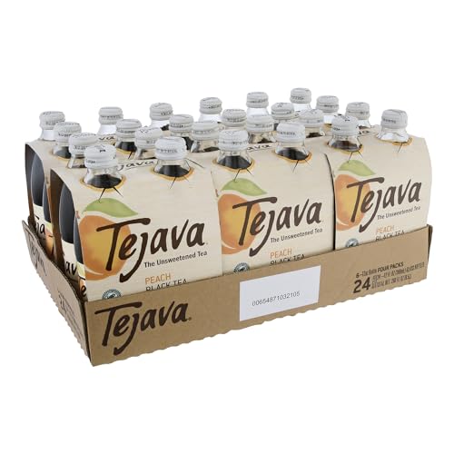 Tejava Peach Black Iced Tea, 24 Pack, 12oz Glass Bottles, Unsweetened, Non-GMO, Kosher, No Sugar or Sweeteners, No calories, No Preservatives, Brewed in Small Batches