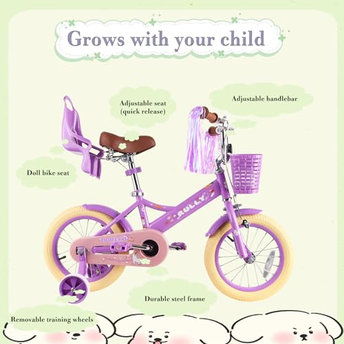 Image of RULLY Kids Bike 12 14 16 inch for 2-7 Years Girls with Training Wheels & Front Handbrake, Kids Bicycle with Basket Bike Streamers Toddler Cycle Bikes
