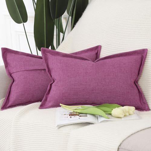 Madizz Set of 2 Faux Linen Cushion Covers with Broad Edge Soft Boho Decorative Pillow Cases for Sofa Bedroom Modern Pillow Shell 12x20 inch, 30x50 cm Fuchsia