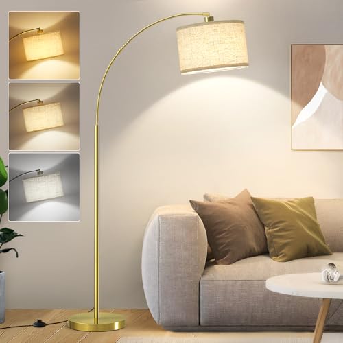 Luvkczc Luminária de chão de arco, lâmpada de pé de 180 cm de altura com interruptor de pé liga/desliga, luminária de chão dourada para sala de estar com abajur de tambor ajustável, luz de leitura