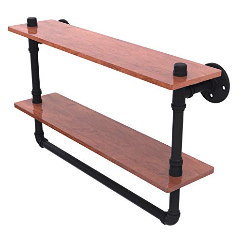 Allied Brass P-480-22-DWSTB Pipeline Collection 22 Inch Double Ironwood Towel Bar Wood Shelf, 22", Matte Black