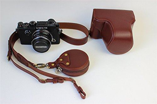 Olympus Pen-F Case, Bolinus Handmade Genuine Real Leather Fullbody Camera Case Bag Cover For Olympus Pen-F Bottom Opening Version With Neck Strap - Brown #TOP1