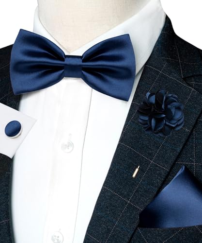 Image of RBOCOTT Solid Color Bow Tie and Pocket Square with Lapel Pin Cufflinks Set 4PCS