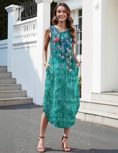 Image of Zeagoo Women Floral Summer Casual Beach Printed Tank Dress with Pockets Pleated Front Long Dress